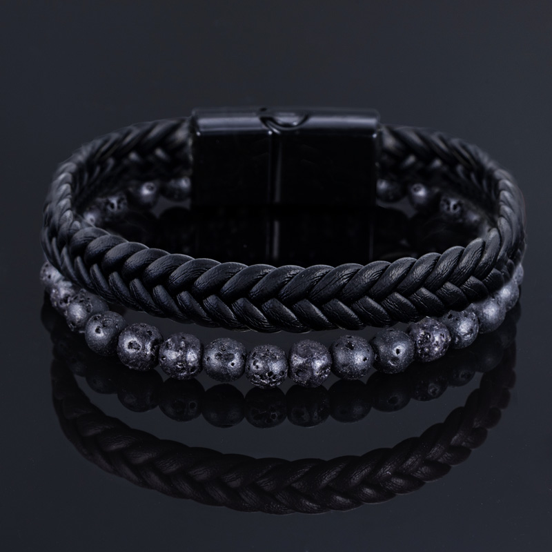  Lava Stone Black Leather Layered Bracelet