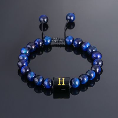 26 Initial Letter Blue Tiger Eye Stone Braided Bracelet