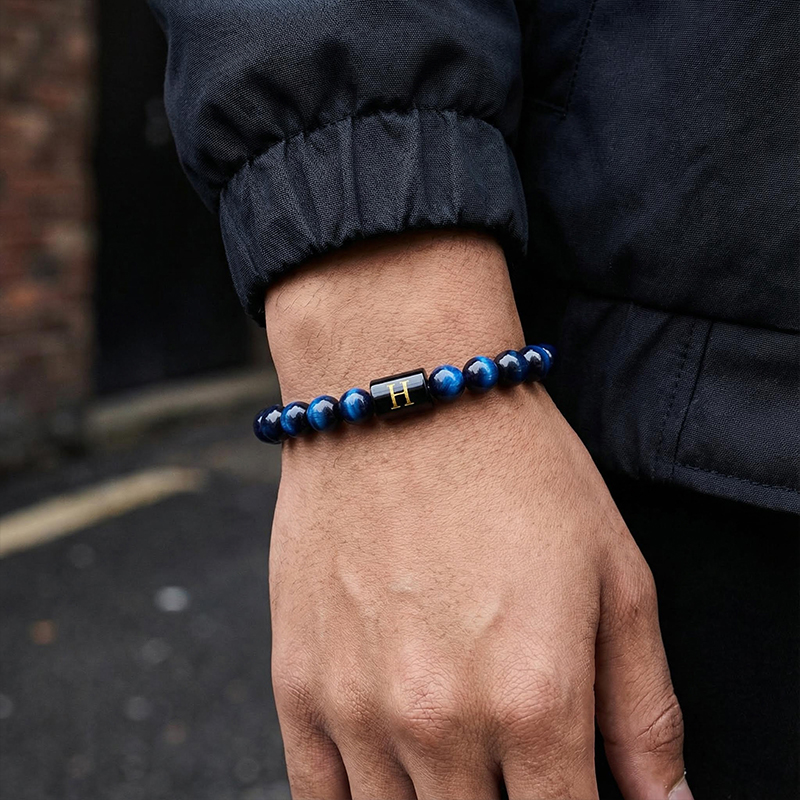 26 Initial Letter Blue Tiger Eye Stone Braided Bracelet