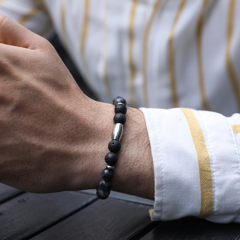 Personalized Engraved Alabaster Black Obsidian Beads Bracelet