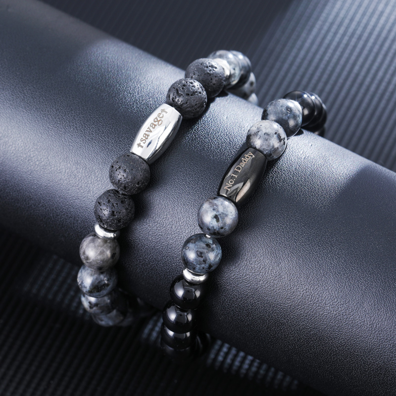Personalized Engraved Alabaster Black Obsidian Beads Bracelet