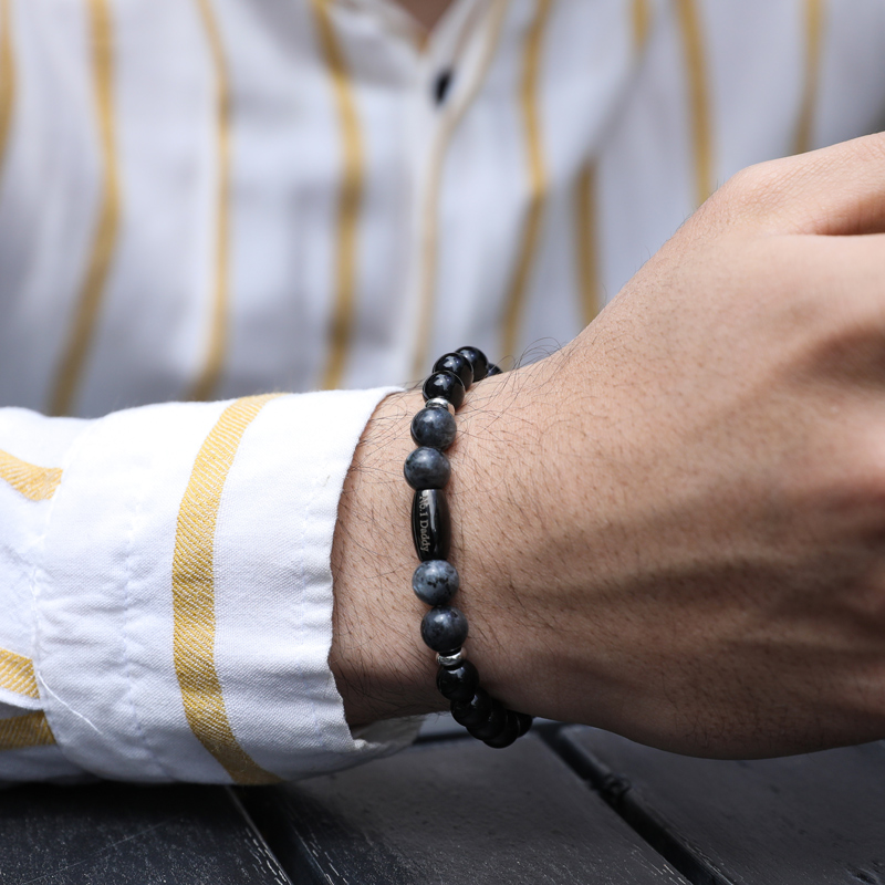 Personalized Engraved Alabaster Black Obsidian Beads Bracelet