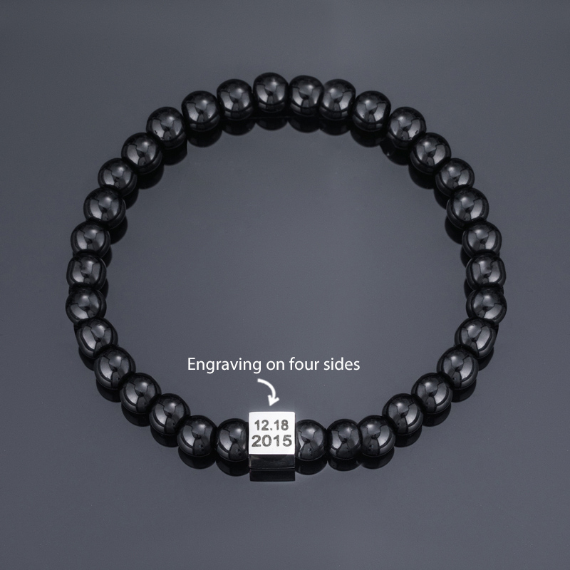 Personalized 4 Engravable Sides Cube Black Obsidian Beads Bracelet