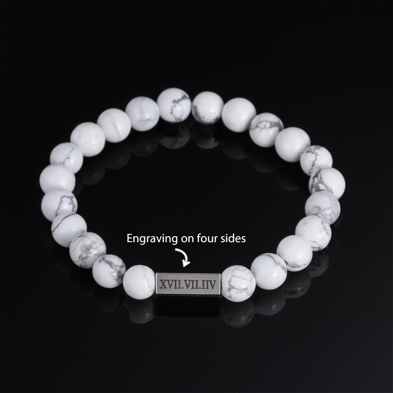 Personalized 4 Engravable Sides Cuboid White Turquoise Beads Bracelet