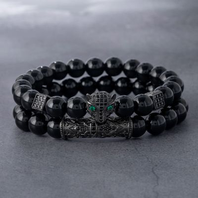 2pcs Iced Panther Black Obsidian Beaded Stretch Bracelet