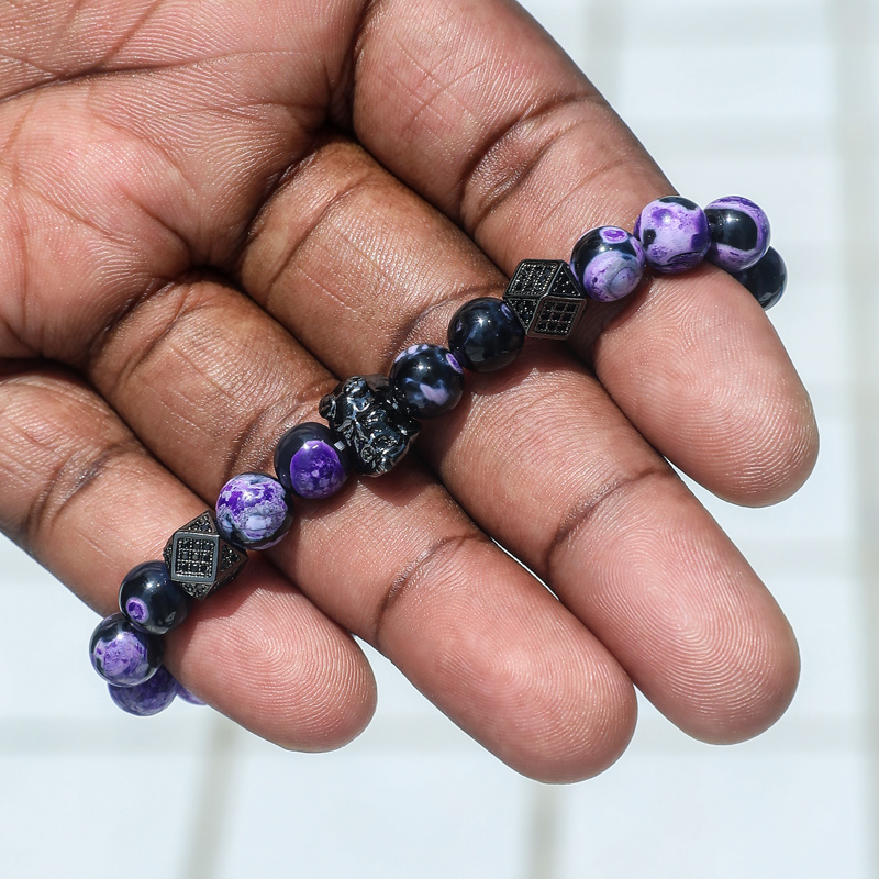  Satanic Purple Fire Agate Beaded Stretch Bracelet