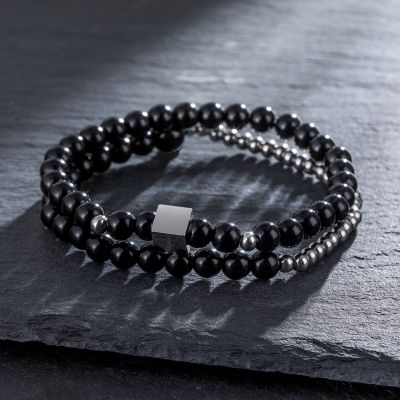2pcs Square Obsidian Black Gallstone Beaded Stretch Bracelet