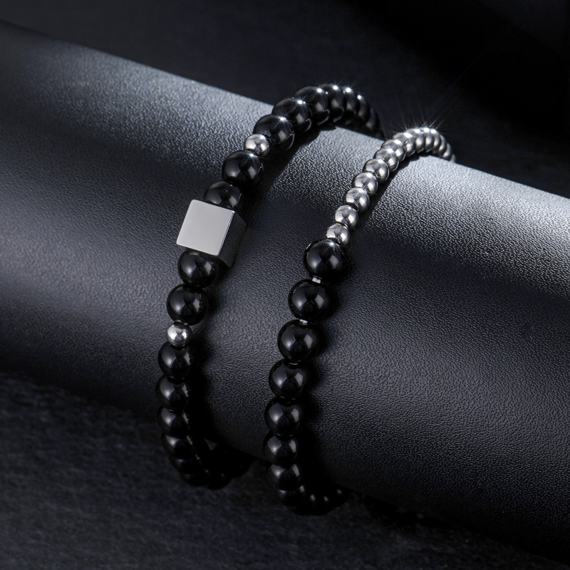 2pcs Square Obsidian Black Gallstone Beaded Stretch Bracelet