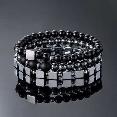 3pcs Square Steel Beads Obsidian Black Gallstone Beaded Stretch Bracelet