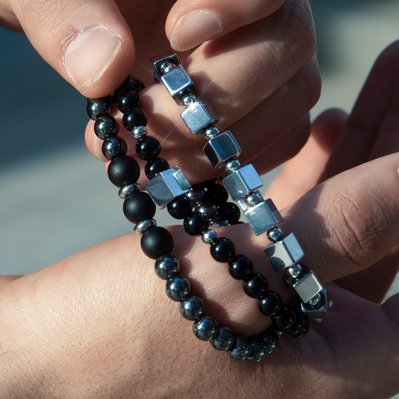 3pcs Square Steel Beads Obsidian Black Gallstone Beaded Stretch Bracelet