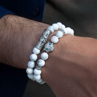 2pcs Iced Panther White Turquoise Beaded Stretch Bracelet
