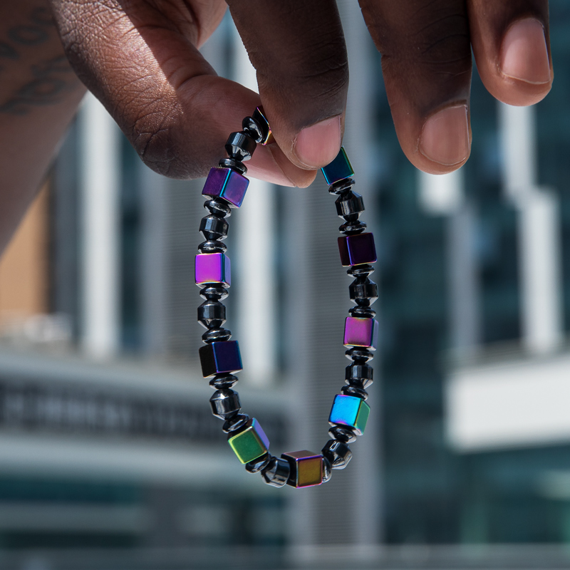  Rainbow Square Black Gallstone Beads Stretch Bracelet