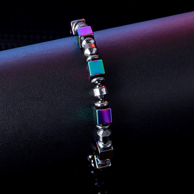  Rainbow Square Black Gallstone Beads Stretch Bracelet