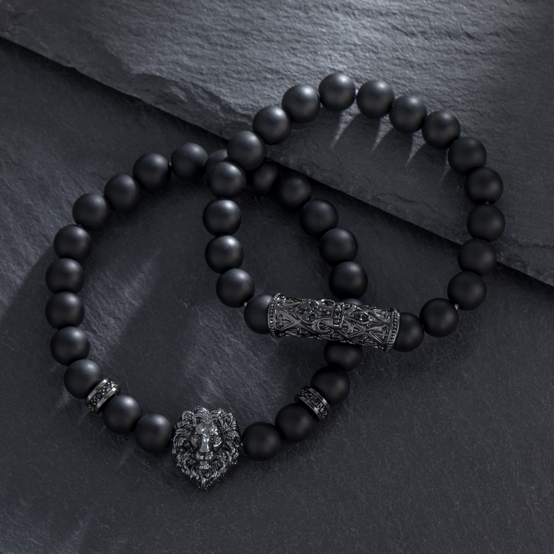  2pcs Lion Black Obsidian Beaded Stretch Bracelet