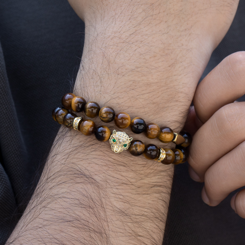 Iced Panther Yellow Tiger Eye Beaded Stretch Wrap bracelet