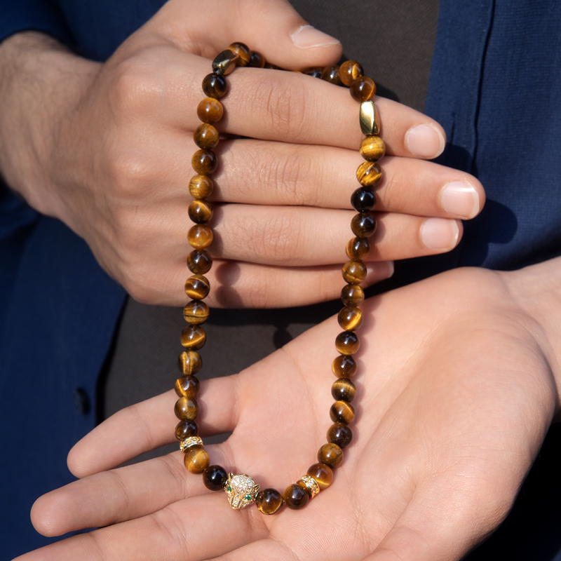 Iced Panther Yellow Tiger Eye Beaded Stretch Wrap bracelet