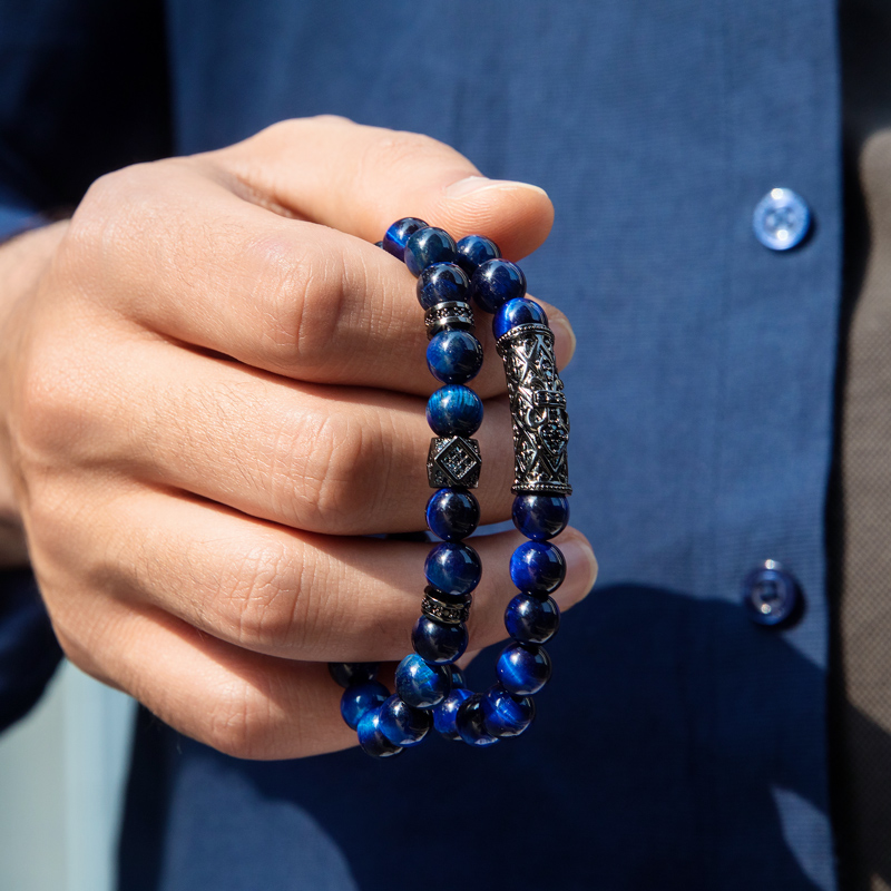  2pcs Blue Tiger Eye Beaded Stretch Bracelet