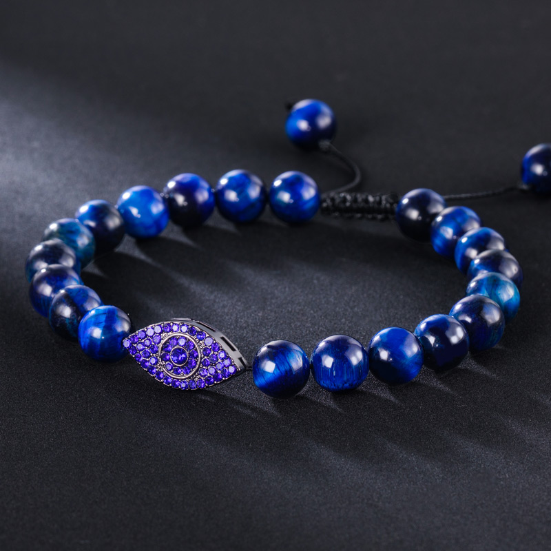 Evil Eye Blue Tiger Eye Beaded Adjustable Bracelet