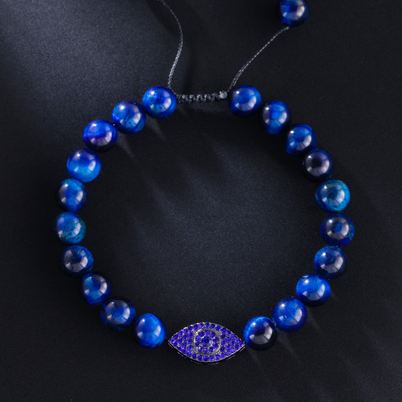 Evil Eye Blue Tiger Eye Beaded Adjustable Bracelet