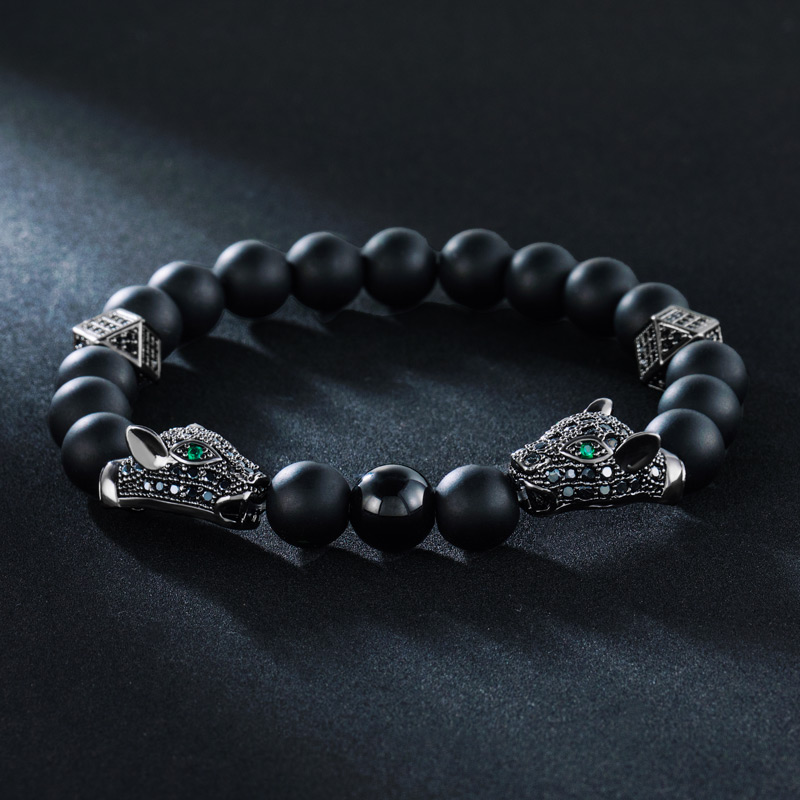  Iced Panther Obsidian Beaded Stretch Bracelet