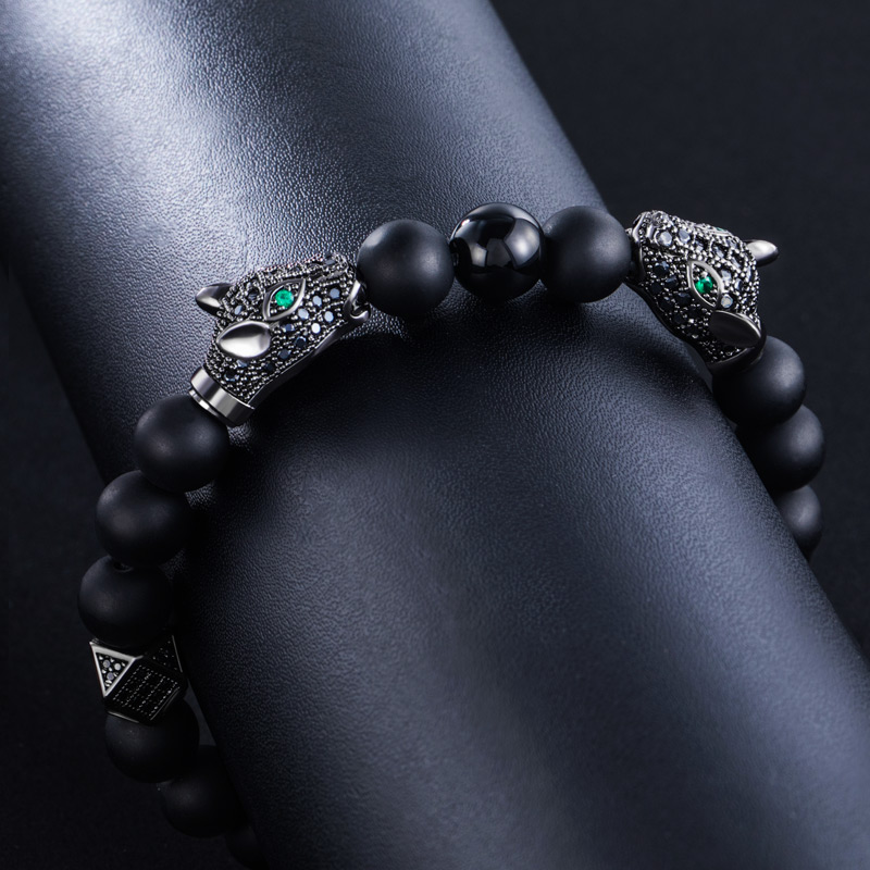  Iced Panther Obsidian Beaded Stretch Bracelet