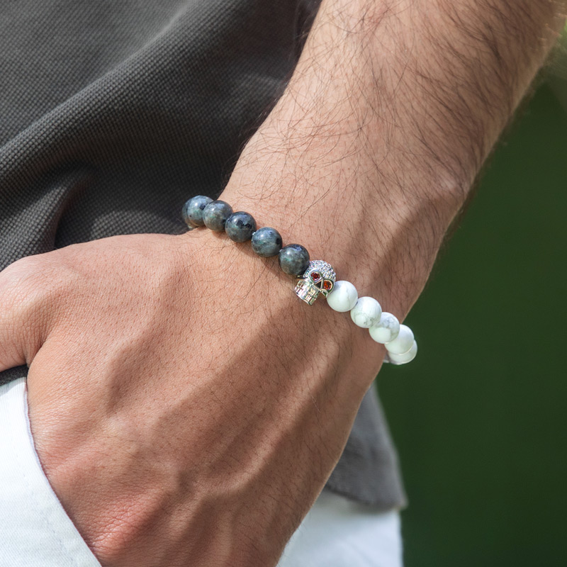 Iced Skull White Turquoise Map Stone Beaded Stretch Bracelet