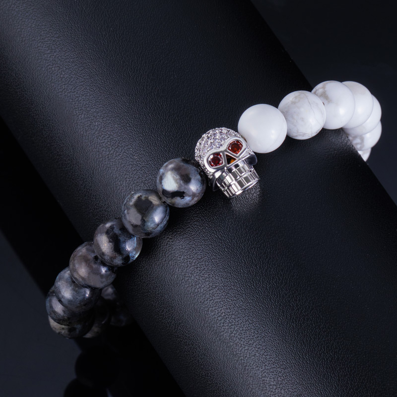 Iced Skull White Turquoise Map Stone Beaded Stretch Bracelet