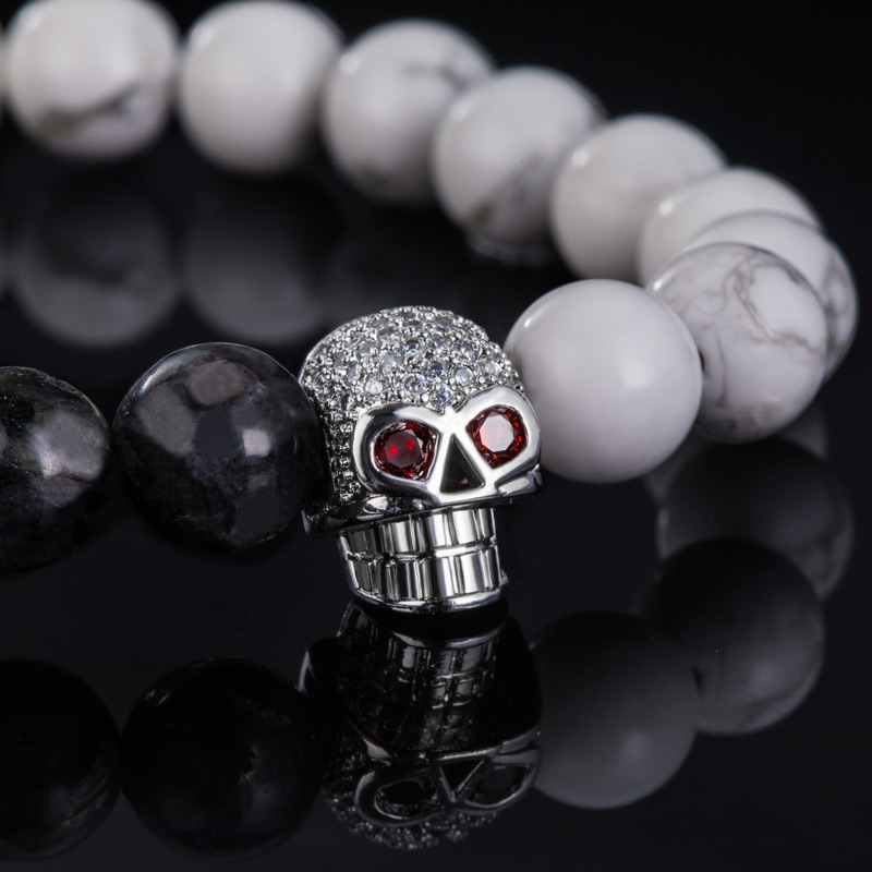 Iced Skull White Turquoise Map Stone Beaded Stretch Bracelet