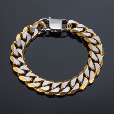  14mm Diamond Cut Two-tone Cuban Bracelet-in Rainbow/Gold/Black Gold