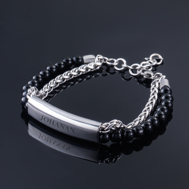 Engraved Obsidian Stainless Steel Beads Bracelet