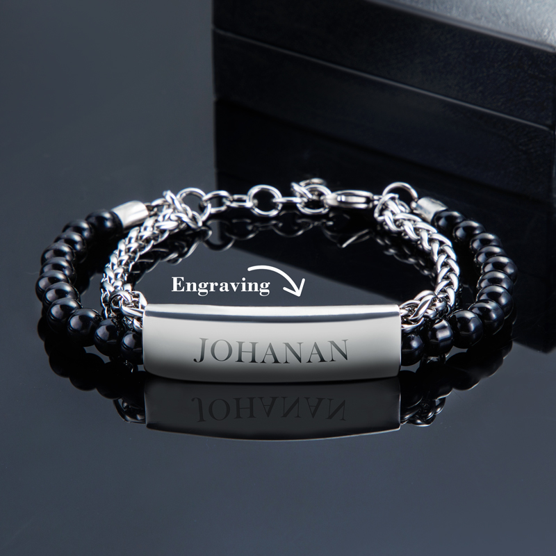 Engraved Obsidian Stainless Steel Beads Bracelet