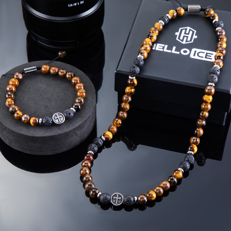  Tiger Eye Stone Adjustable Bracelet & Necklace Set 8mm
