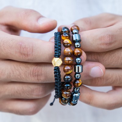3pcs Tiger Eye Stone & Black Hematite Beads Braided Bracelet Set