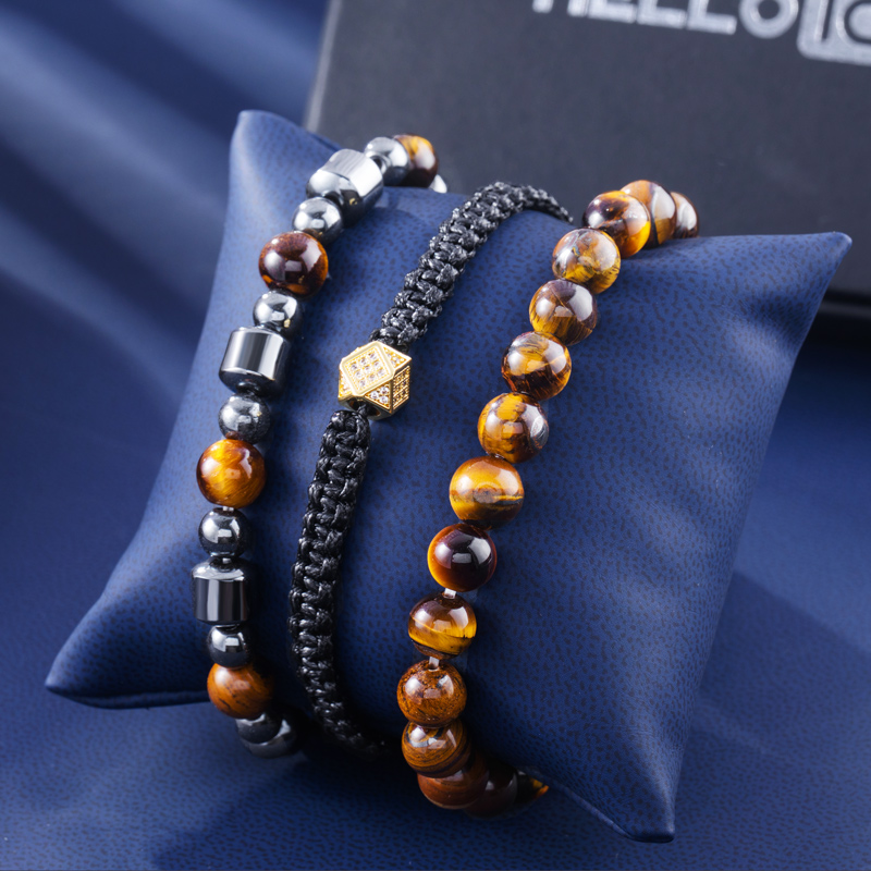 3pcs Tiger Eye Stone & Black Hematite Beads Braided Bracelet Set