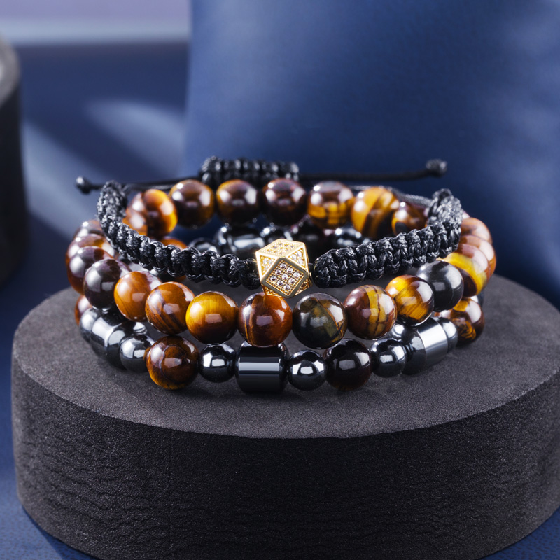 3pcs Tiger Eye Stone & Black Hematite Beads Braided Bracelet Set