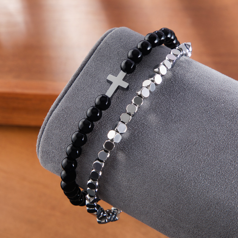  Double Chain Black Obsidian Adjustable Cross Bracelet