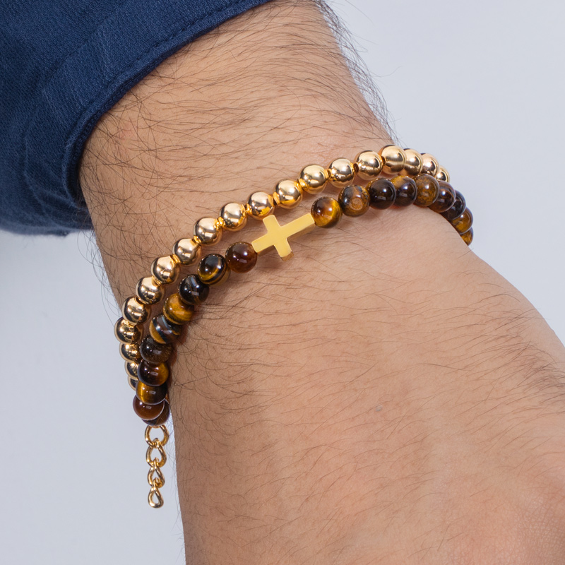 Tiger Eye Stone Beads Double Chain Cross Bracelet