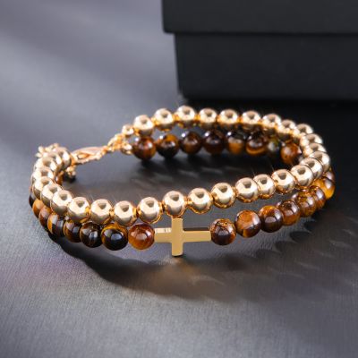 Tiger Eye Stone Beads Double Chain Cross Bracelet