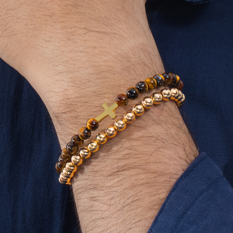 Tiger Eye Stone Beads Double Chain Cross Bracelet