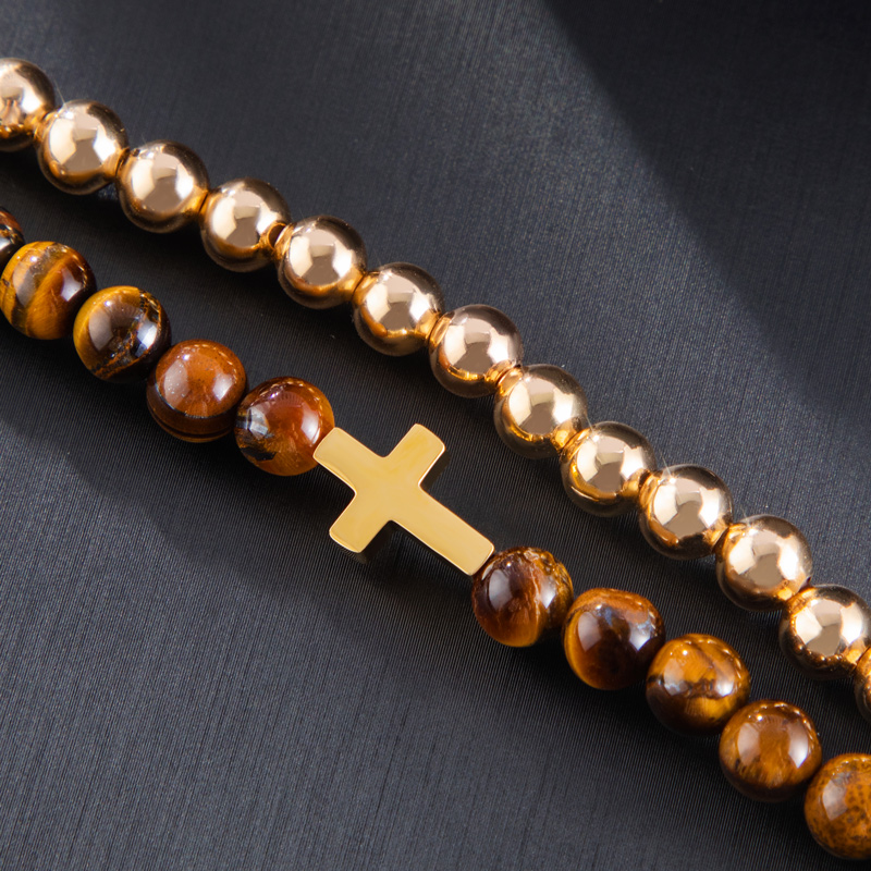 Tiger Eye Stone Beads Double Chain Cross Bracelet