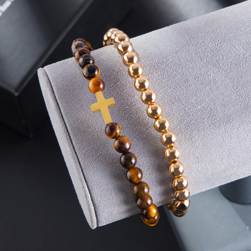 Tiger Eye Stone Beads Double Chain Cross Bracelet