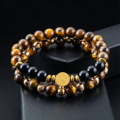 2pcs St. Benedict Medal Tiger Eye Stone & Black Obsidian Stretch Bracelet