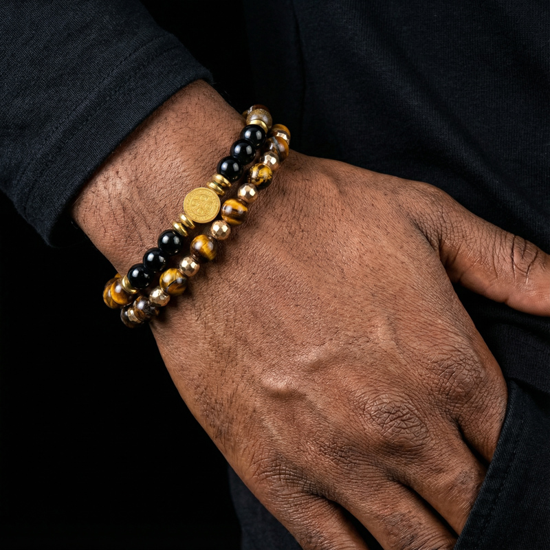 2pcs St. Benedict Medal Tiger Eye Stone & Black Obsidian Stretch Bracelet