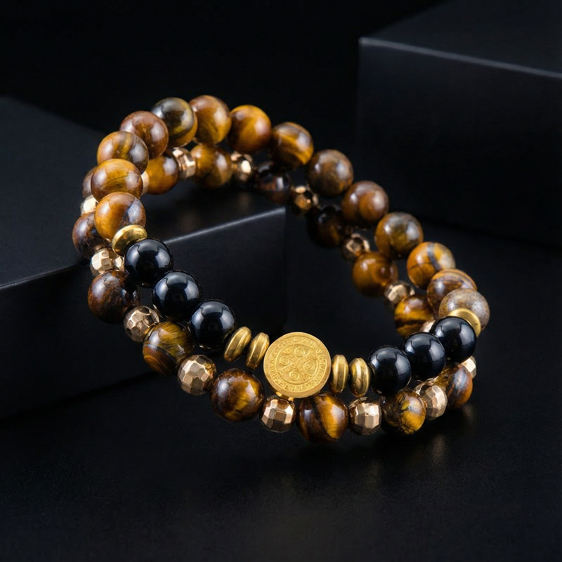 2pcs St. Benedict Medal Tiger Eye Stone & Black Obsidian Stretch Bracelet