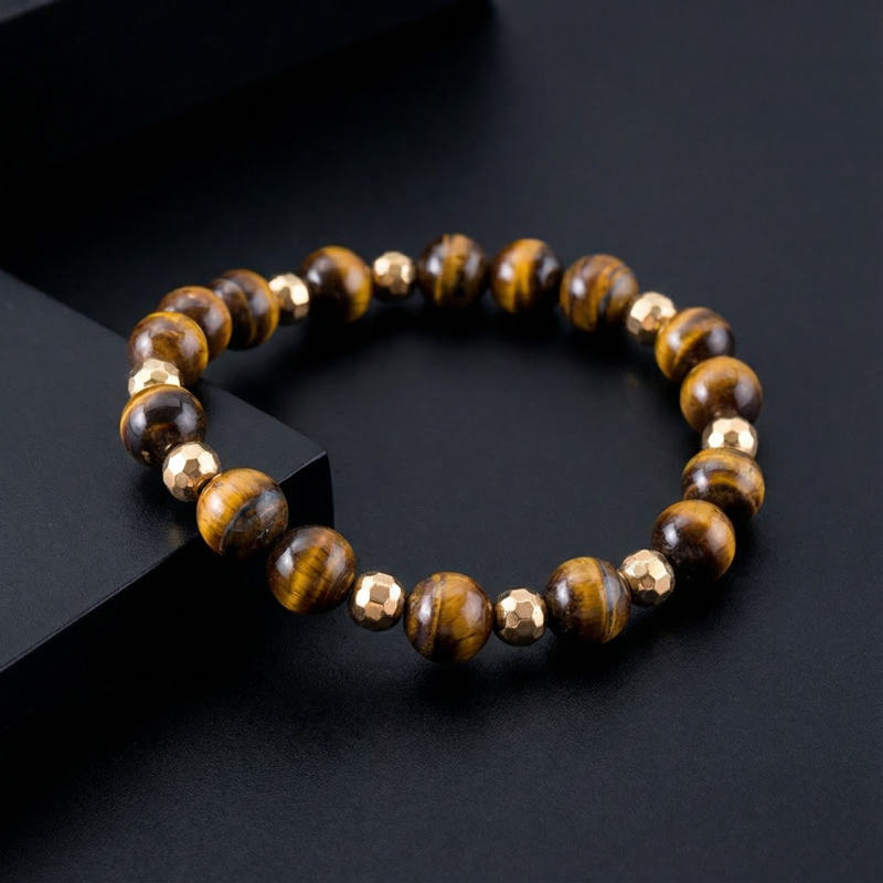 2pcs St. Benedict Medal Tiger Eye Stone & Black Obsidian Stretch Bracelet