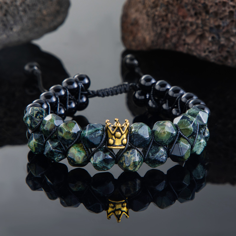 Green Malachite & Black Obsidian Beads Braided Crown Bracelet