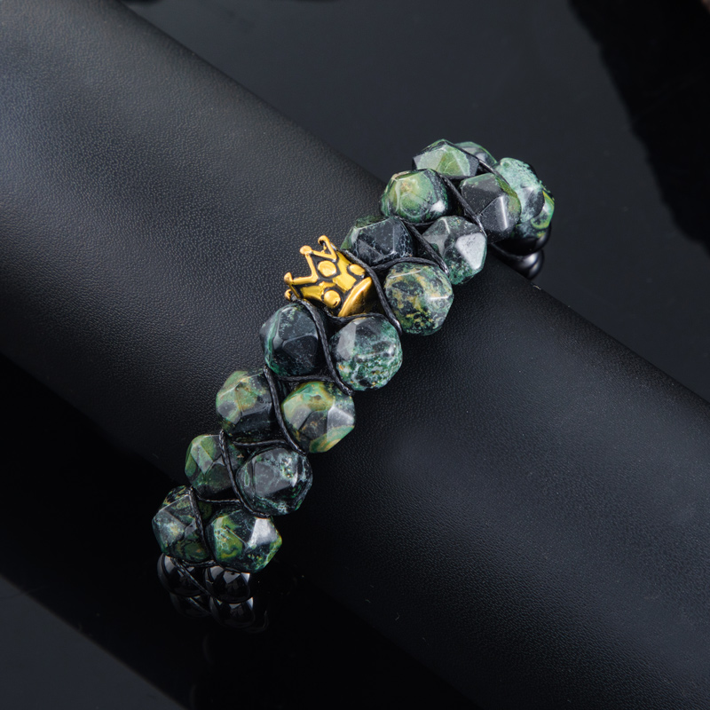 Green Malachite & Black Obsidian Beads Braided Crown Bracelet