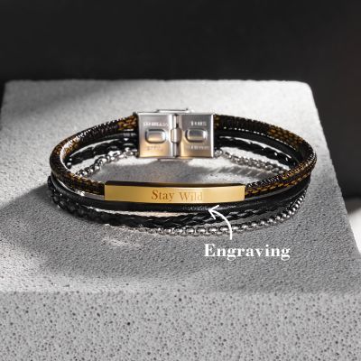 Layered Wrap Printed Leather Men's Engraved ID Bracelet