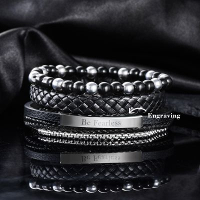 3Pcs Engraved Leather & Bead Braided layered Bracelet