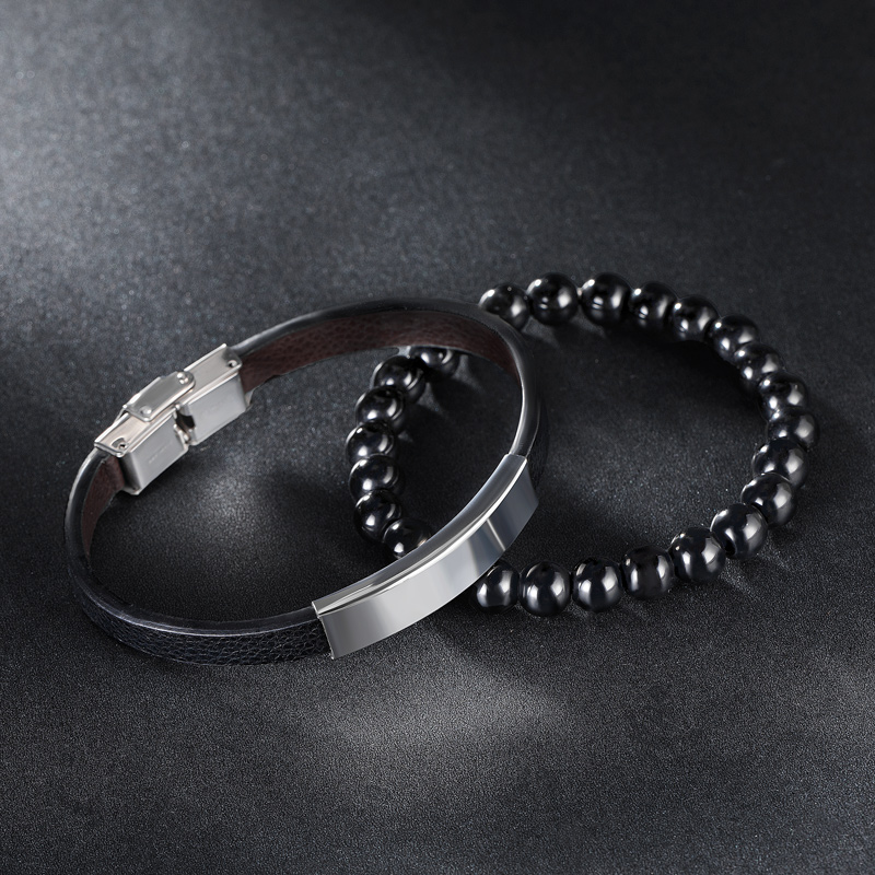 2Pcs Personalized Engraved Leather & Bead Bracelet